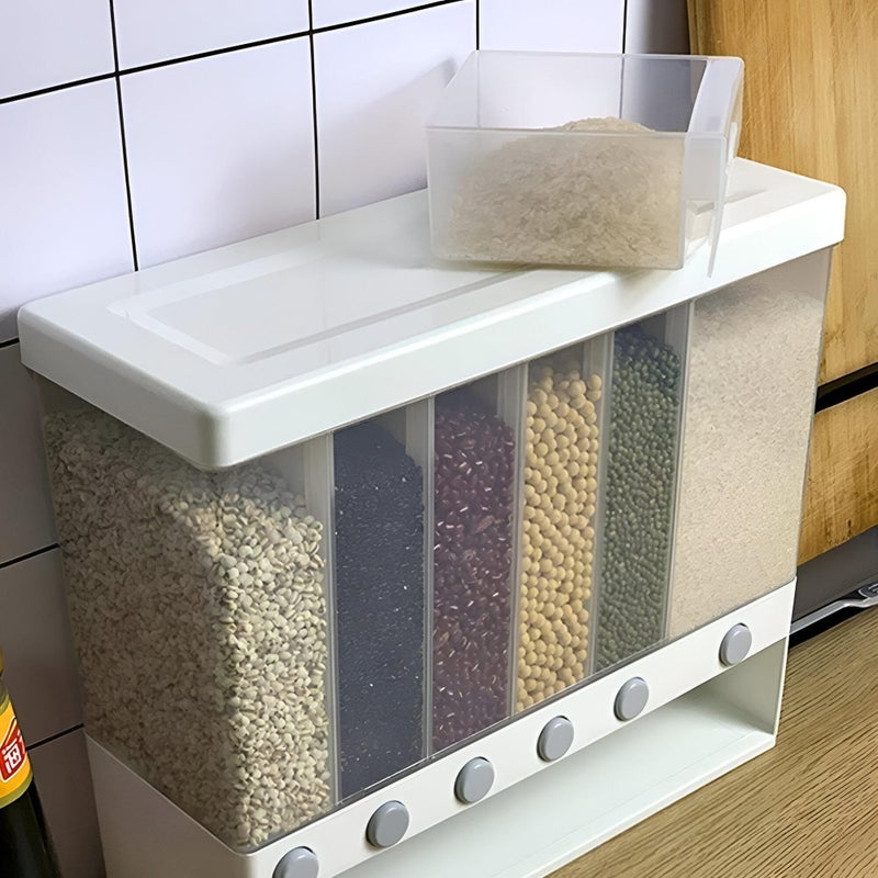 6-Compartment Cereal Dispenser - Wall-mounted 10-liter food container with built-in measuring spouts, white finish, ideal for organizing dry goods in compact kitchens. - Image 1