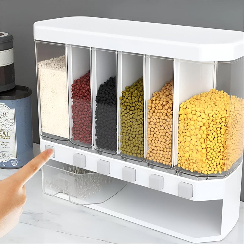 6-Compartment Cereal Dispenser - Wall-mounted 10-liter food container with built-in measuring spouts, white finish, ideal for organizing dry goods in compact kitchens. - Image 3