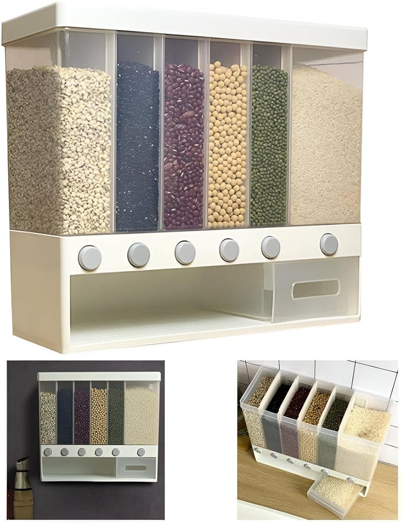6-Compartment Cereal Dispenser - Wall-mounted 10-liter food container with built-in measuring spouts, white finish, ideal for organizing dry goods in compact kitchens. - Image 2