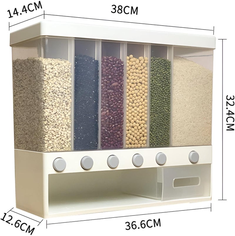 6-Compartment Cereal Dispenser - Wall-mounted 10-liter food container with built-in measuring spouts, white finish, ideal for organizing dry goods in compact kitchens. - Image 4