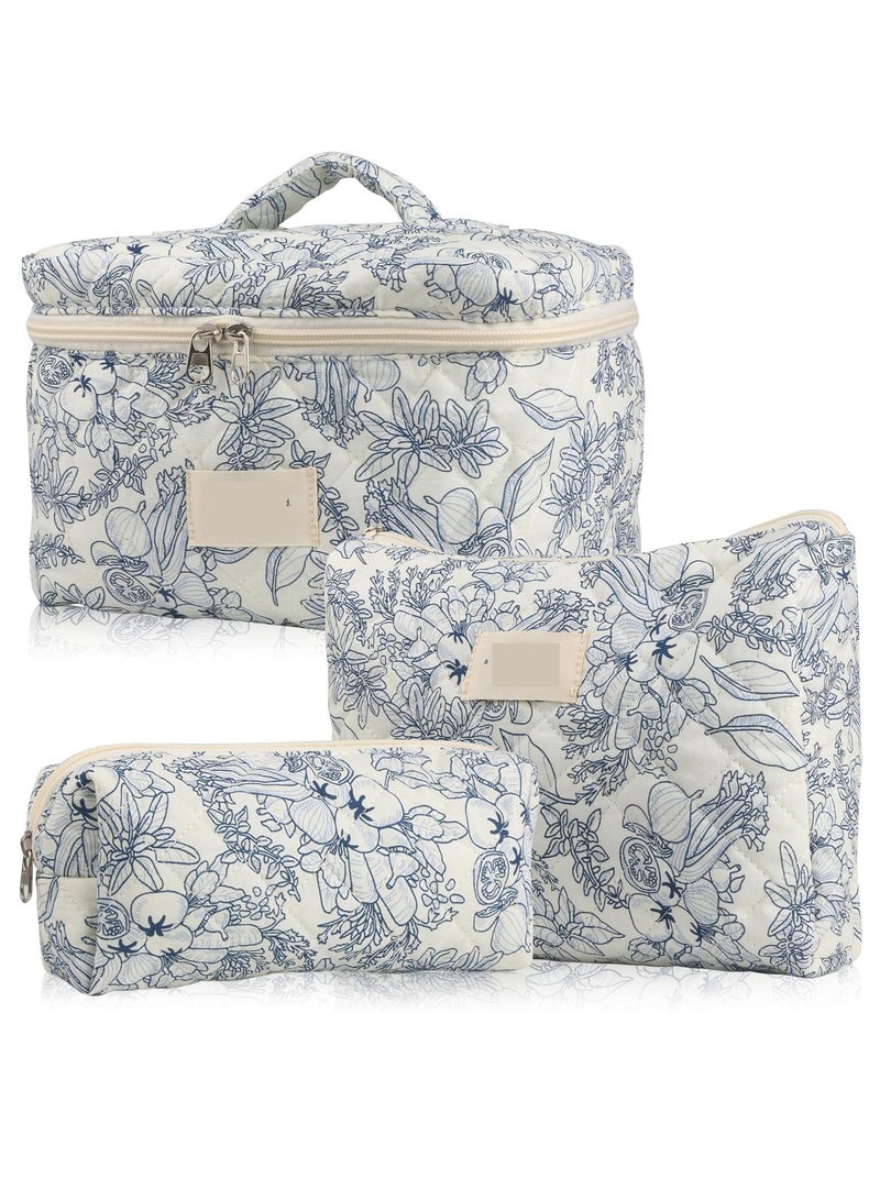 Makeup Bag Set 3 pcs, Quilted Makeup Bag, Large Floral Cosmetic Bag for Women, Cute Cotton Makeup Bag, Flower Travel Toiletry Organizer Bag - Image 1