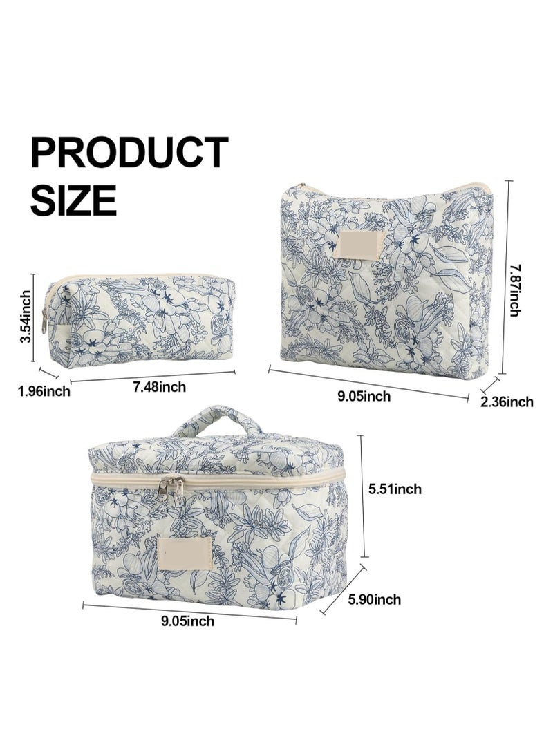 Makeup Bag Set 3 pcs, Quilted Makeup Bag, Large Floral Cosmetic Bag for Women, Cute Cotton Makeup Bag, Flower Travel Toiletry Organizer Bag - Image 2