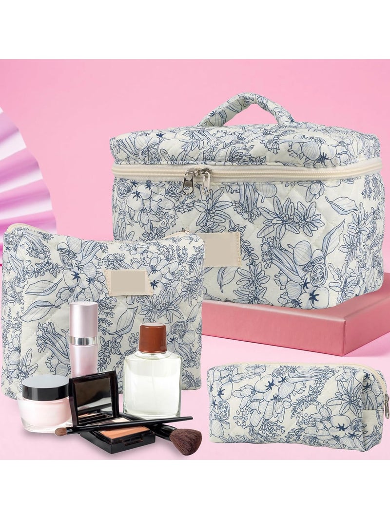 Makeup Bag Set 3 pcs, Quilted Makeup Bag, Large Floral Cosmetic Bag for Women, Cute Cotton Makeup Bag, Flower Travel Toiletry Organizer Bag - Image 4