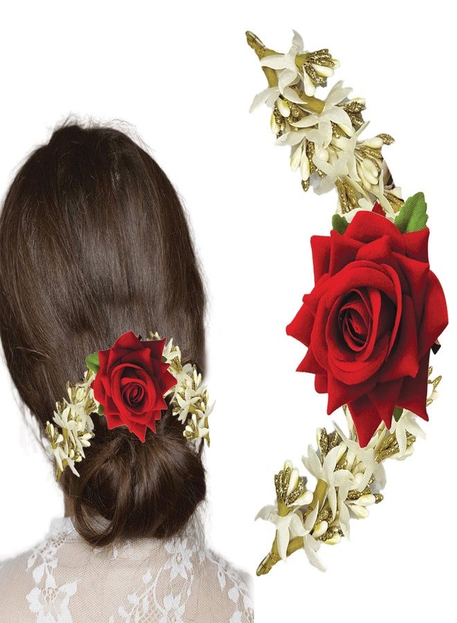 TEMPERIA Hair Accessories For Women's & Girls - Stylish Red Rose & White Artificial Flowers Bun Juda Bridal Brooch & Braid For Hairstyle & Decoration - Pins & Clips For Style Of Bride, Wedding & Party - Image 1