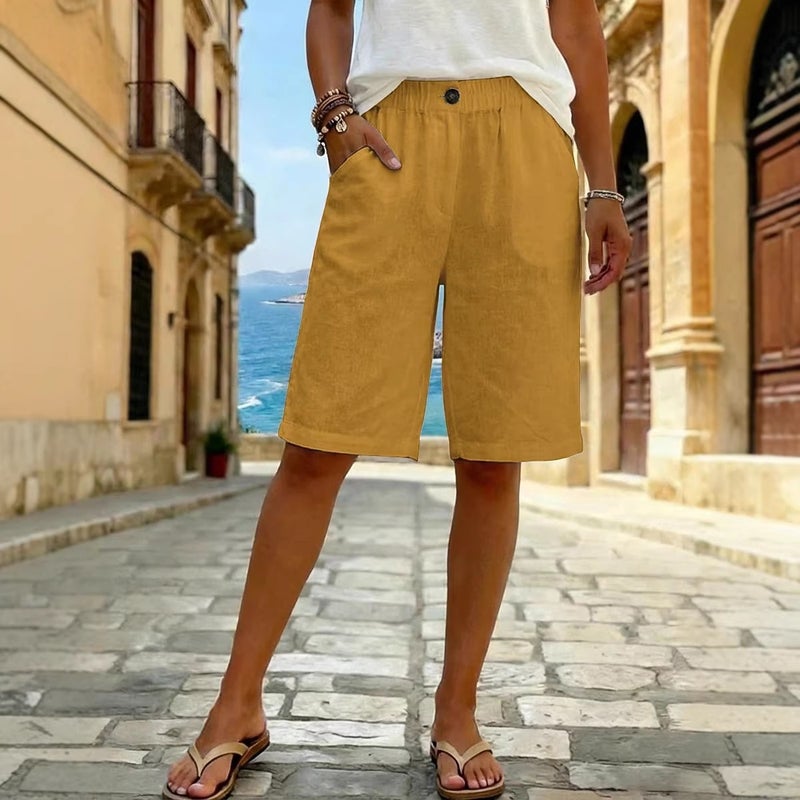 and Imitation Cotton-Linen Summer Shorts, Straight-Cut, Unisex, New Casual Daily Wear, Buttoned, Mid-Waist, Solid Color - Image 3