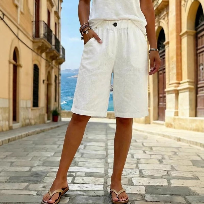 and Imitation Cotton-Linen Summer Shorts, Straight-Cut, Unisex, New Casual Daily Wear, Buttoned, Mid-Waist, Solid Color - Image 4