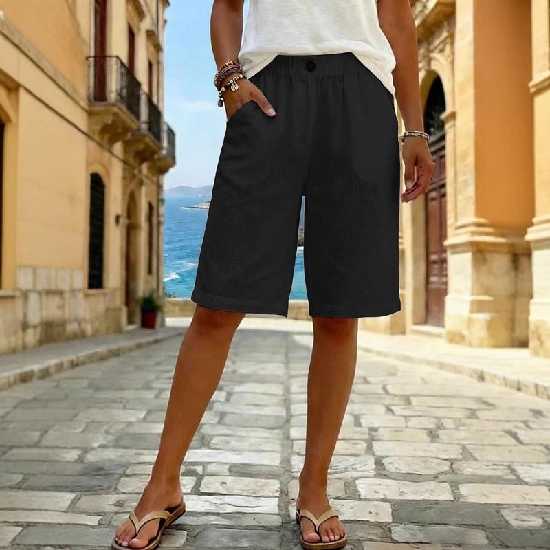 and Imitation Cotton-Linen Summer Shorts, Straight-Cut, Unisex, New Casual Daily Wear, Buttoned, Mid-Waist, Solid Color - Image 5