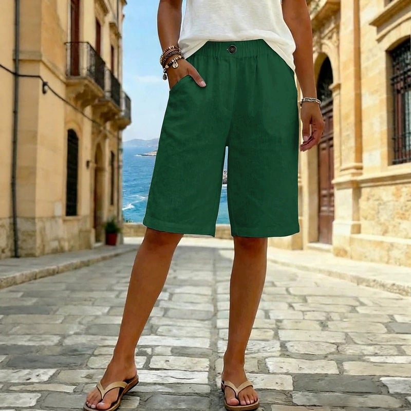 and Imitation Cotton-Linen Summer Shorts, Straight-Cut, Unisex, New Casual Daily Wear, Buttoned, Mid-Waist, Solid Color - Image 2
