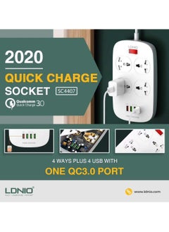 إل دينو LDNIO SC4407 New Model Defender Series Qualcomm 3.0 Quick Charge 4 Ways Socket 4 USB with one QC 3.0 Port Multifunction Power Surge Protector 2 metres Cord  - Image 4
