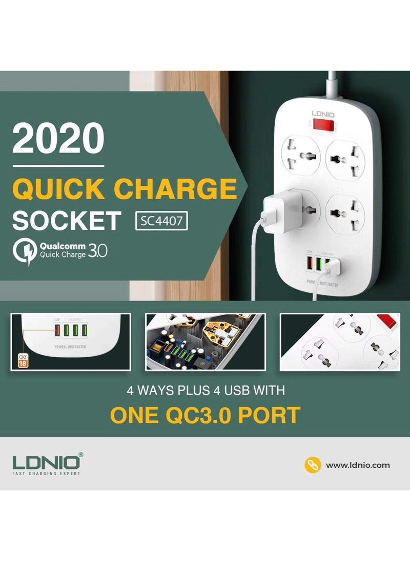 LDNIO - LDNIO SC4407 New Model Defender Series Qualcomm 3.0 Quick Charge 4 Ways Socket 4 USB with one QC 3.0 Port Multifunction Power Surge Protector 2 metres Cord - Image 1