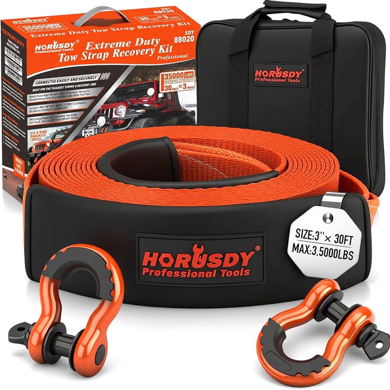 HORUSDY حزام سحب ثقيل من نايلون HORUSDY مع خطافات 3 × 30 قدم 35000 رطل قوة كسر 34 حلقة D شاكلة 2 قطعة لاستعادة مركبتك العالقة في الوحل أو الثلج
