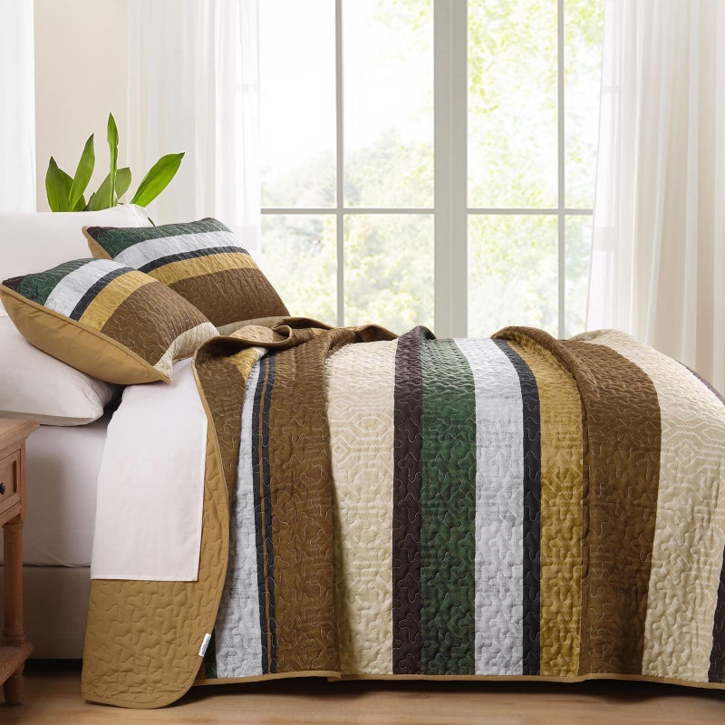 Dobuyly Brown Quilt Set Queen Size, Boho Fall Bedspread, Striped Bedding Sets 3 Pieces, Lightweight Soft Coverlet Bed Sets with 2 Pillow Shams 96"x90" - Image 4