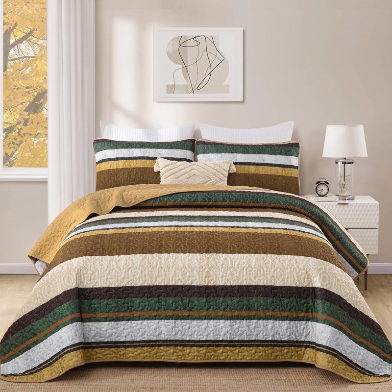 Dobuyly Brown Quilt Set Queen Size, Boho Fall Bedspread, Striped Bedding Sets 3 Pieces, Lightweight Soft Coverlet Bed Sets with 2 Pillow Shams 96"x90" - Image 2