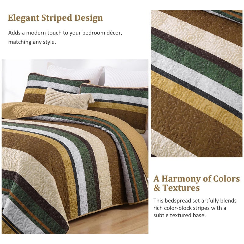 Dobuyly Brown Quilt Set Queen Size, Boho Fall Bedspread, Striped Bedding Sets 3 Pieces, Lightweight Soft Coverlet Bed Sets with 2 Pillow Shams 96"x90" - Image 5