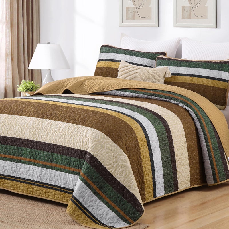 Dobuyly Brown Quilt Set Queen Size, Boho Fall Bedspread, Striped Bedding Sets 3 Pieces, Lightweight Soft Coverlet Bed Sets with 2 Pillow Shams 96"x90" - Image 1