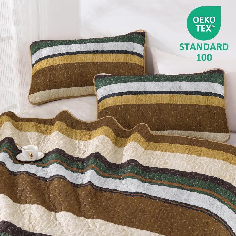 Dobuyly Brown Quilt Set Queen Size, Boho Fall Bedspread, Striped Bedding Sets 3 Pieces, Lightweight Soft Coverlet Bed Sets with 2 Pillow Shams 96"x90" - Image 3