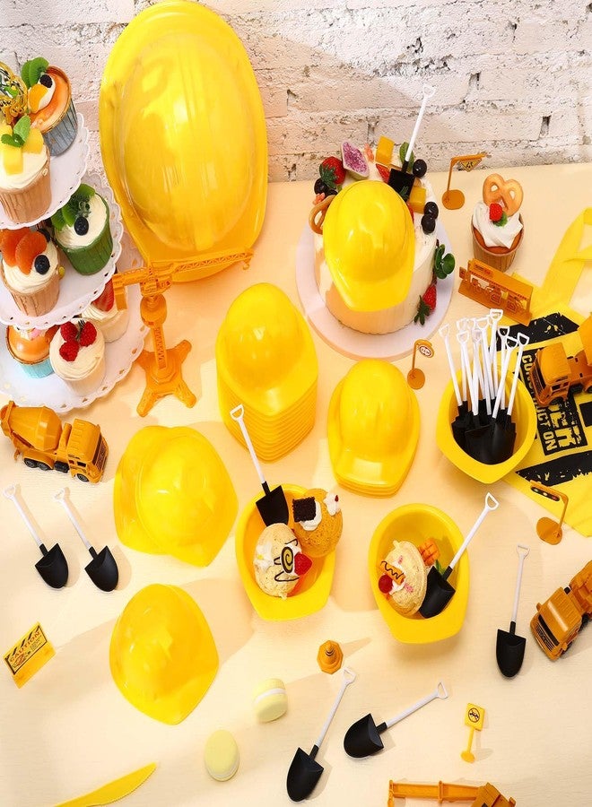 Uiifan مجموعة أوعية آيس كريم وملاعق على شكل قبعات بناء من Uiifan، أكواب بلاستيكية للوجبات الخفيفة والزبادي المجمد مع ملاعق، هدايا للأطفال لحفلات ذات طابع بناء (أصفر) - Image 4