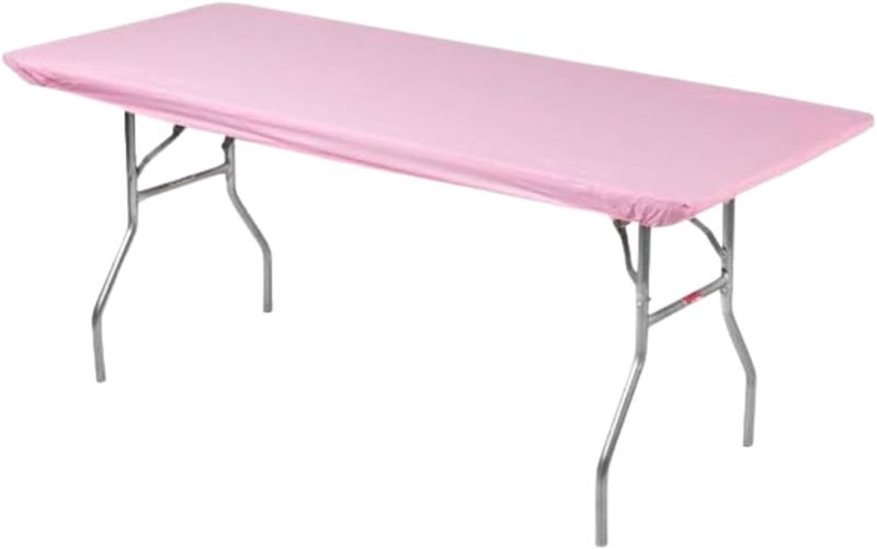 Kwik-Covers 6' Rectangle Plastic Table Covers 30" x 72", Bundle of 5 (Pink) - Image 1