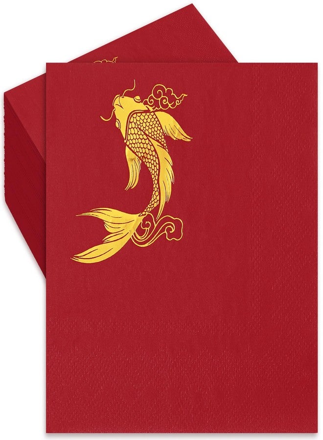 Whaline 80Pcs Chinese New Year Cocktail Napkin Gold Foil Koi Fish Disposable Paper Napkin Red Spring Festival Drink Beverage Napkin for Party Decor Supplies - Image 1
