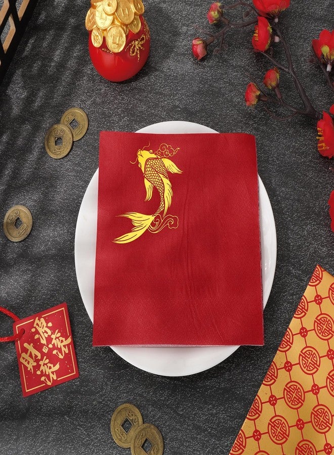 Whaline 80Pcs Chinese New Year Cocktail Napkin Gold Foil Koi Fish Disposable Paper Napkin Red Spring Festival Drink Beverage Napkin for Party Decor Supplies - Image 4