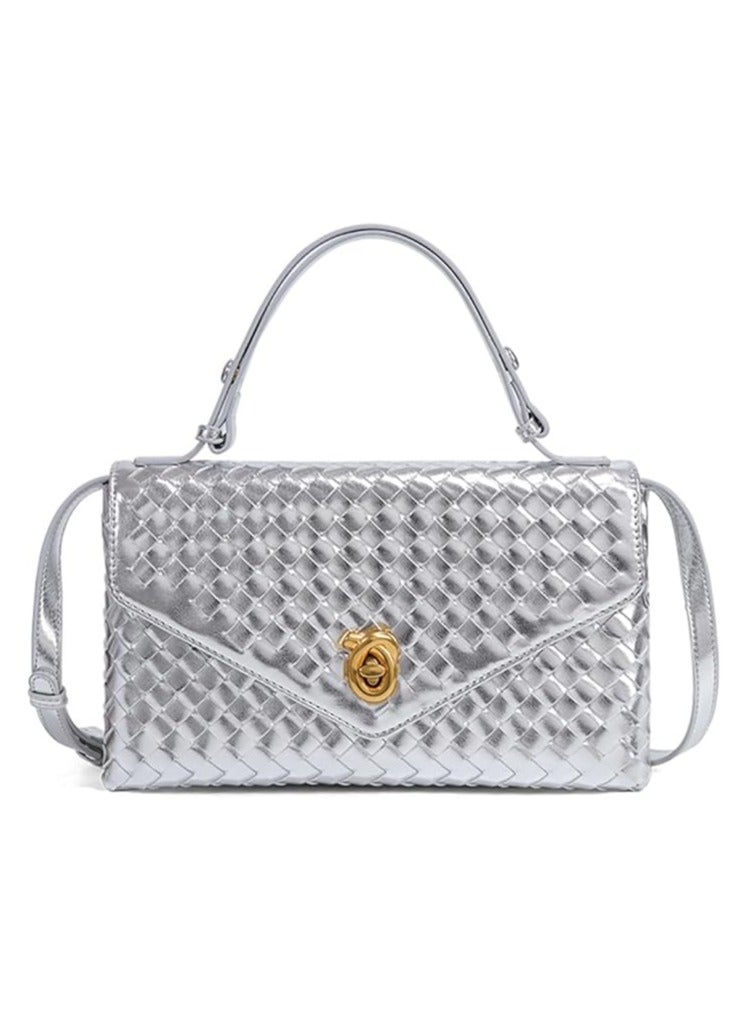 Bottega Veneta Knot Lock Cross Body Bag, Women's Tote Bag, Women's Shoulder Bag, Women's Travel Bag, Women's Hand Bag, Silver-25cm