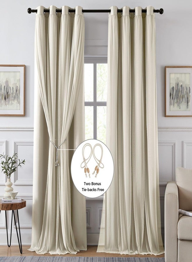 Swandream 100% Blackout Curtains for Bedroom, Double Layer Ivory Curtains, Black Out Curtain 63 inch Long with Sheer Overlay for Living Room, Room Darkening Window Drapes with Grommet, 52" W x 63" L - Image 2