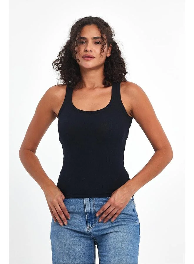 mmetalic Women's Navy Ribbed-Effect Thick Basic Strappy Tank Top