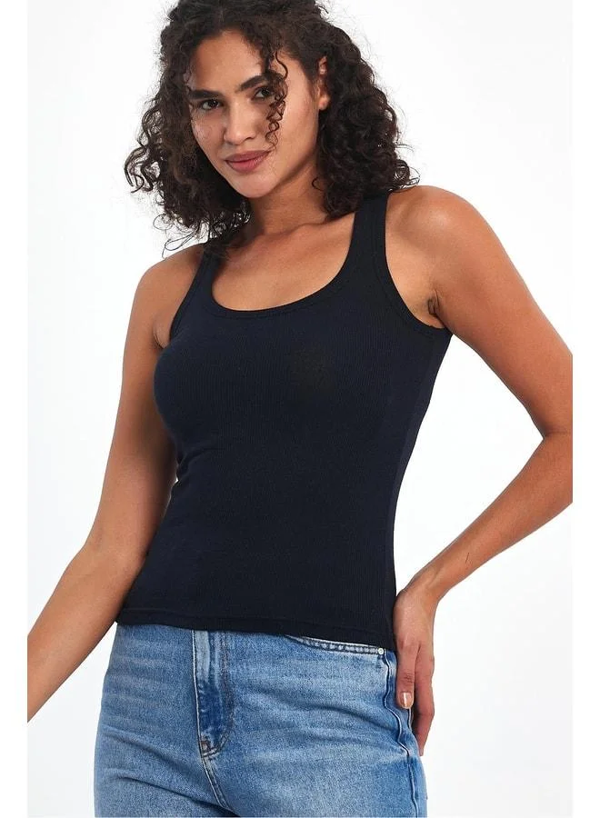 mmetalic Women's Navy Ribbed-Effect Thick Basic Strappy Tank Top
