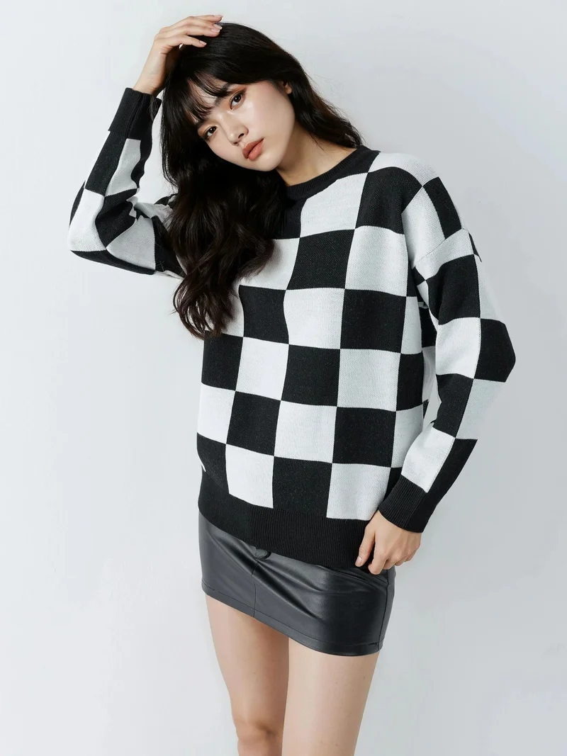 MY FASHION Plaid Ribbed Knit Sweater with Comfort Fit