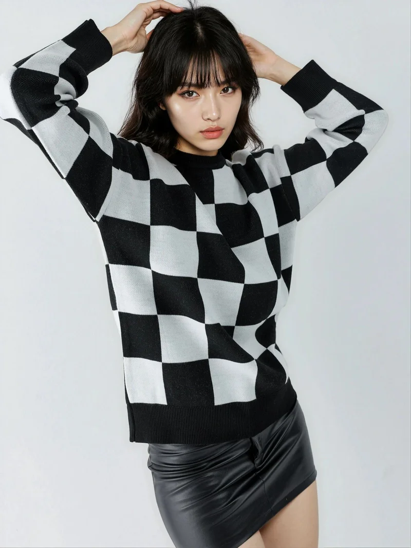 My Fashion Black MY FASHION Plaid Ribbed Knit Sweater with Comfort Fit for Women | Best Price UAE