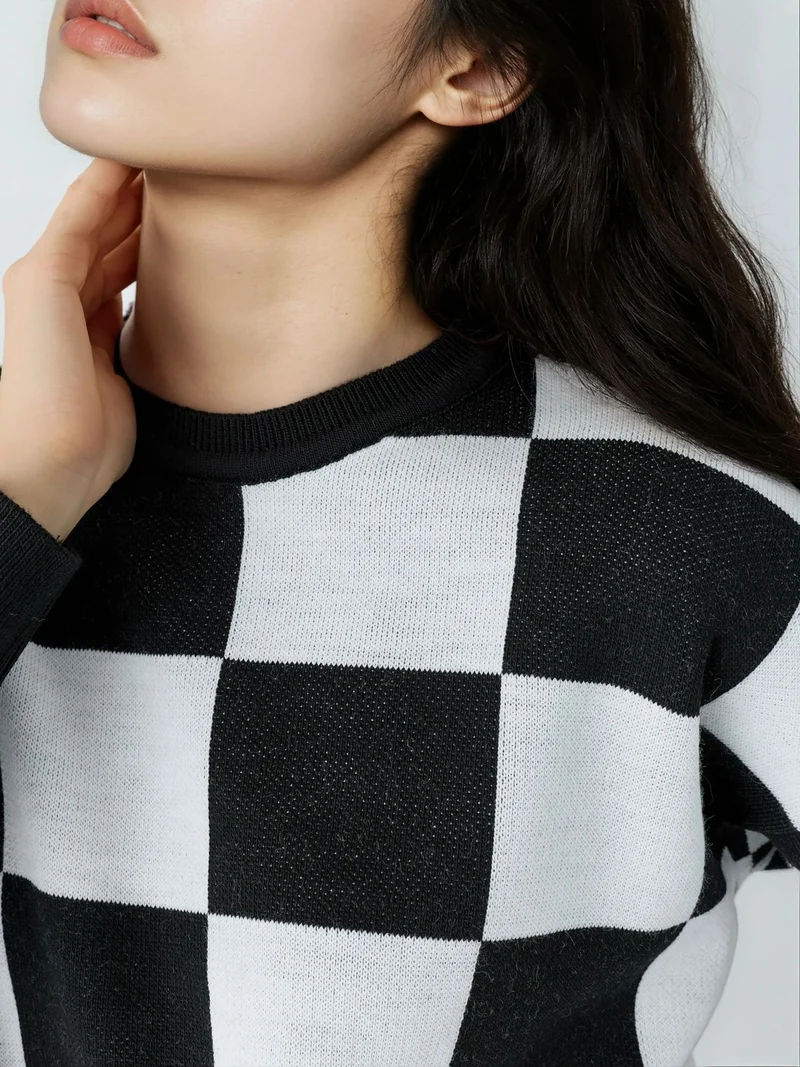 My Fashion Black MY FASHION Plaid Ribbed Knit Sweater with Comfort Fit for Women | Best Price UAE