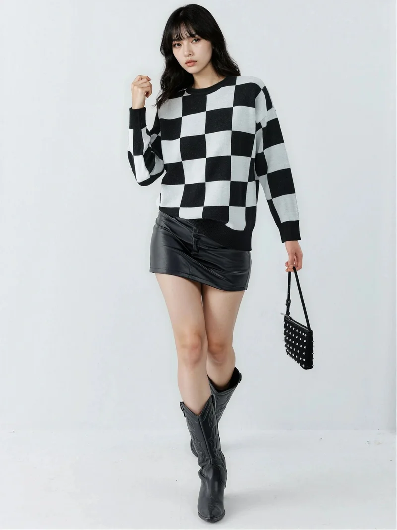 My Fashion Black MY FASHION Plaid Ribbed Knit Sweater with Comfort Fit for Women | Best Price UAE