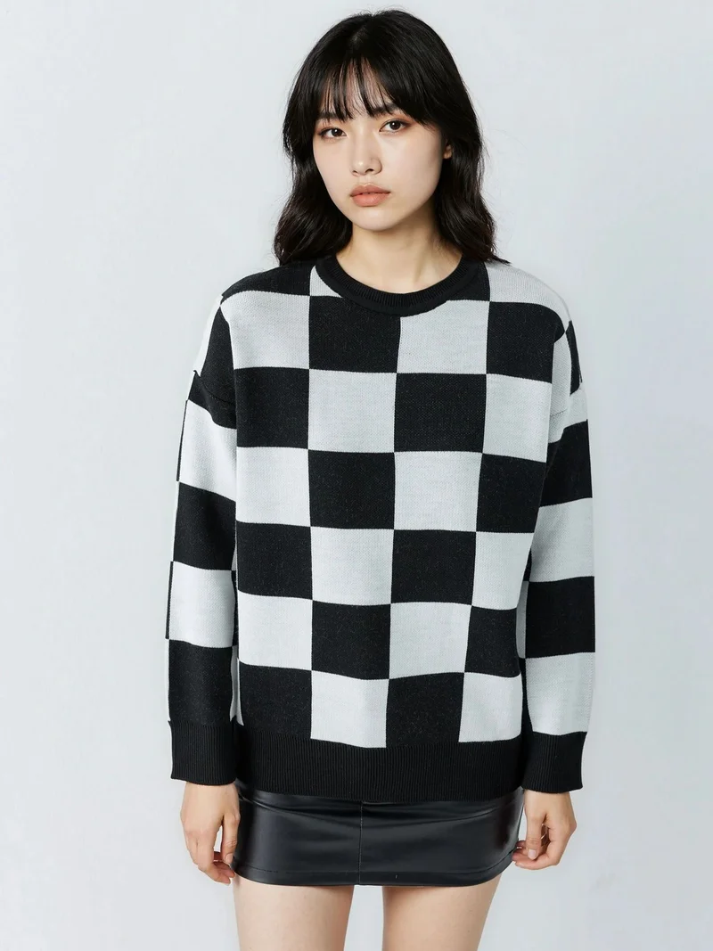 My Fashion Black MY FASHION Plaid Ribbed Knit Sweater with Comfort Fit for Women | Best Price UAE