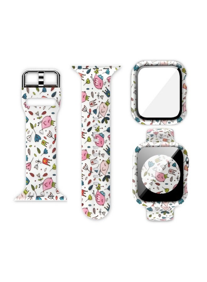 For Iwatch Printing Silicone Watch With Sheath For Apple 34567 Generation Color Printing Hard Set Tempered One Shell-Color:Small White Flower-Exterior Dimension:45MM