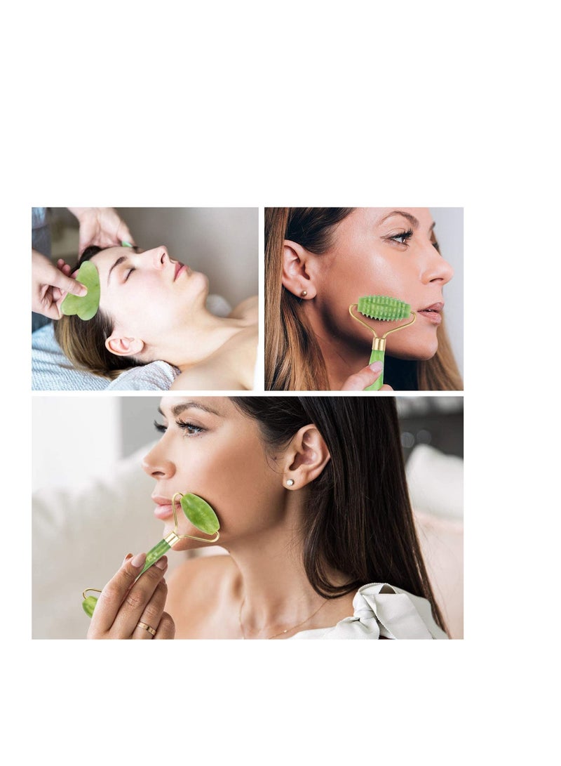 4 Pack Jade Roller Facial Ridged Roller Kits Skin Roller with 2 Pieces Gua Sha Scraping Massage Tools for Face, Eyeball, Neck, Body Massage, Green