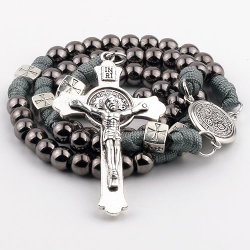 HanlinCC Saint Benedict Paracord Rosary Necklace Large and Heavy Metal Beads Durable Rugged Cord Catholic Rosary for Men Gun Black - Image 3