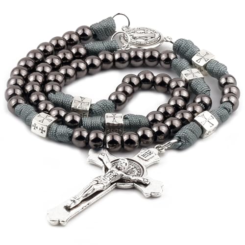 HanlinCC Saint Benedict Paracord Rosary Necklace Large and Heavy Metal Beads Durable Rugged Cord Catholic Rosary for Men Gun Black - Image 1