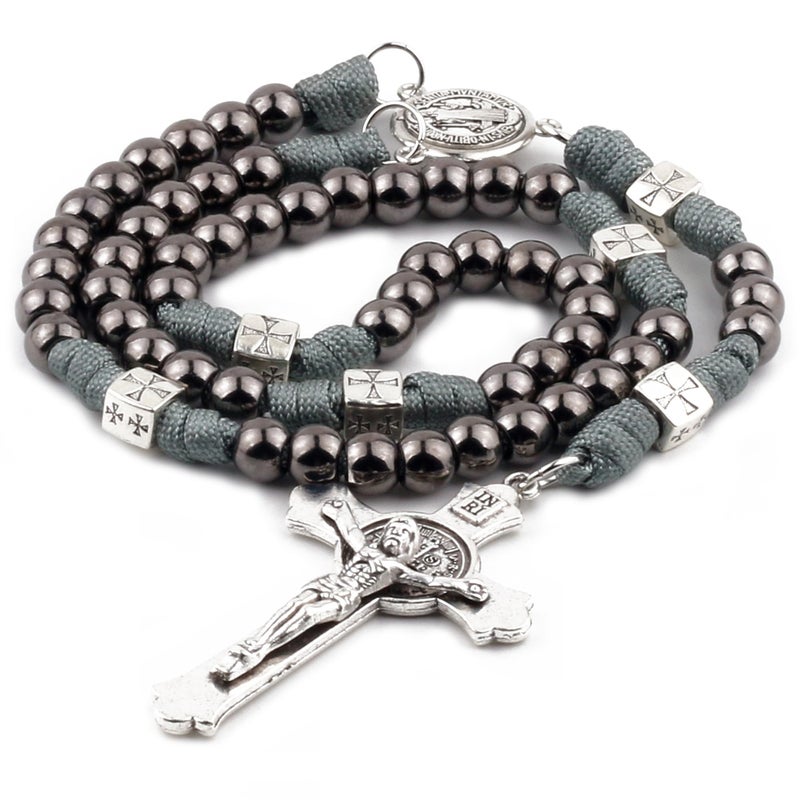 HanlinCC Saint Benedict Paracord Rosary Necklace Large and Heavy Metal Beads Durable Rugged Cord Catholic Rosary for Men Gun Black - Image 2
