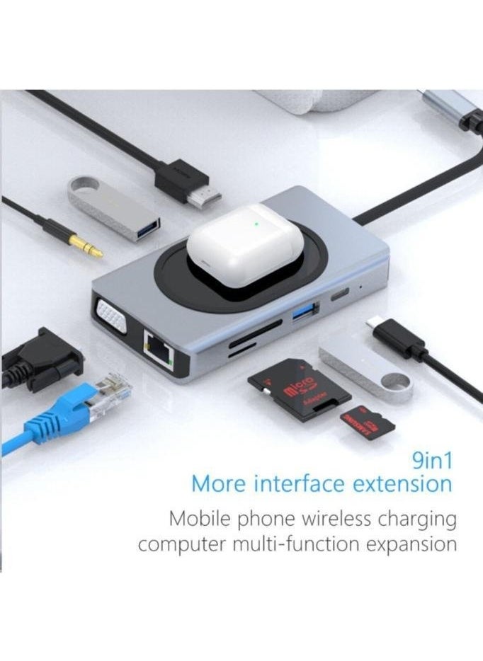 Axe Tools - Ax Tools 9in1 USB Type-C Hub Port Adapter 4K HDMI USB Ethernet Pd Input 15W Wireless Charging - Image 1