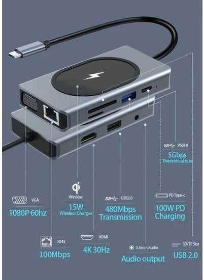 Axe Tools - Ax Tools 9in1 USB Type-C Hub Port Adapter 4K HDMI USB Ethernet Pd Input 15W Wireless Charging - Image 1