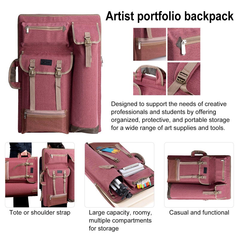 TRANSON Art Portfolio Case Artist Backpack Canvas Bag Large 26â€ x 19.5â€ Brownish Red - Image 2