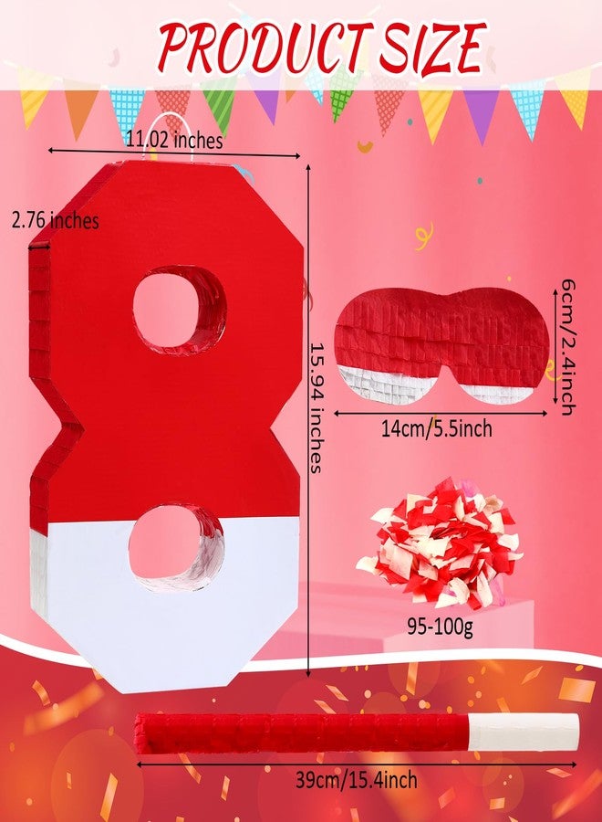 Poen بينياتا بوين رقم 8 مع عصا حشو وقناع للعين وورق ملون، بينياتا حمراء وبيضاء للأطفال، مناسبة لأعياد الميلاد والذكرى السنوية، مستلزمات الحفلات، 16 × 11 × 2.8 بوصة - Image 2