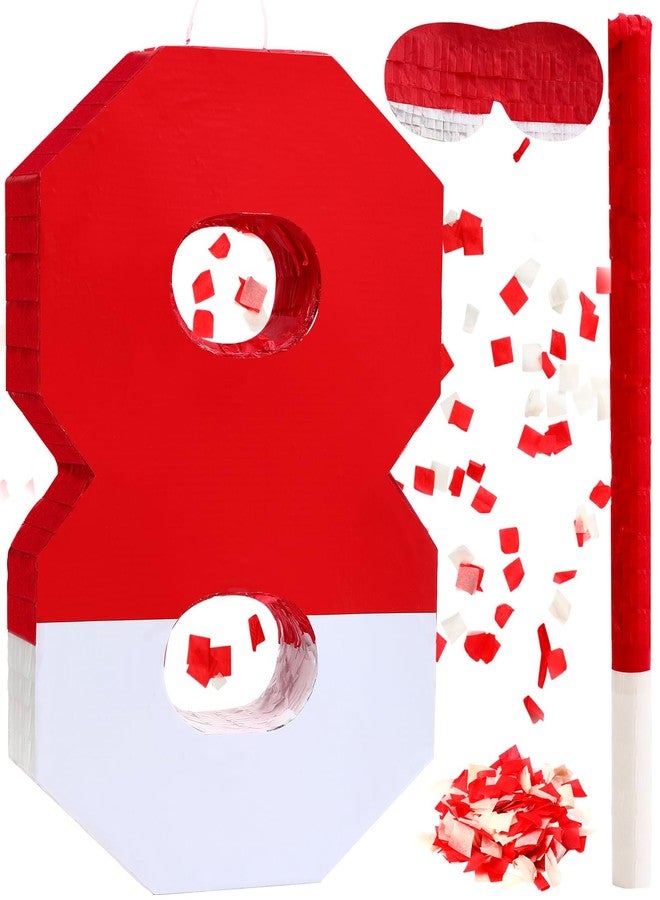 Poen بينياتا بوين رقم 8 مع عصا حشو وقناع للعين وورق ملون، بينياتا حمراء وبيضاء للأطفال، مناسبة لأعياد الميلاد والذكرى السنوية، مستلزمات الحفلات، 16 × 11 × 2.8 بوصة - Image 1
