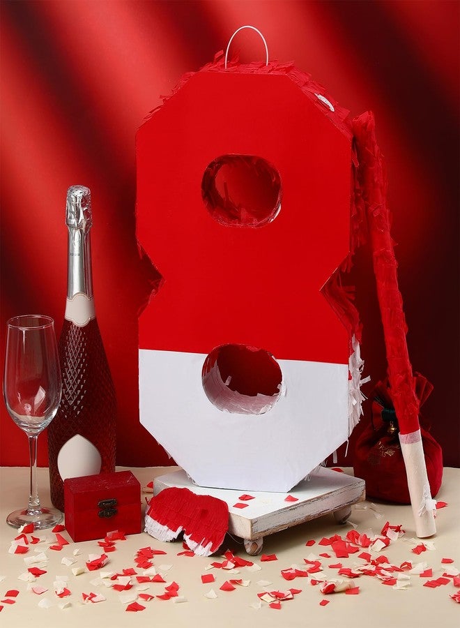 Poen بينياتا بوين رقم 8 مع عصا حشو وقناع للعين وورق ملون، بينياتا حمراء وبيضاء للأطفال، مناسبة لأعياد الميلاد والذكرى السنوية، مستلزمات الحفلات، 16 × 11 × 2.8 بوصة - Image 3