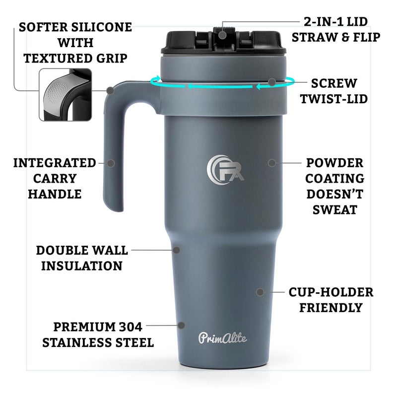 Primalite 1200ML Stainless Steel Insulated Tumbler with Handle 2in1 Straw Flip Lid 40oz Travel Mug Bottle for Hot Cold Drink Fits in Car CupHolder for Water Iced Tea Coffee Smokey Grey - Image 3