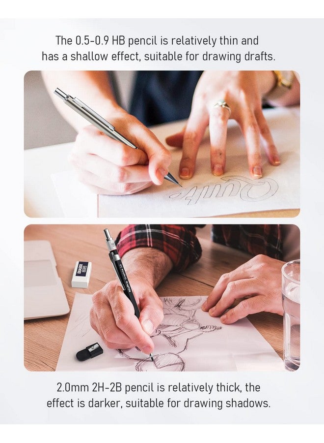 نيكبرو مجموعة أقلام رصاص ميكانيكية فنية مكونة من 6 قطع، 3 قطع أقلام رسم معدنية 0.5 مم و0.7 مم و0.9 مم و3 قطع حامل رصاص جرافيت 2 مم (2B Hb 2H) للكتابة والرسم مع علبة عبوات رصاص - Image 4