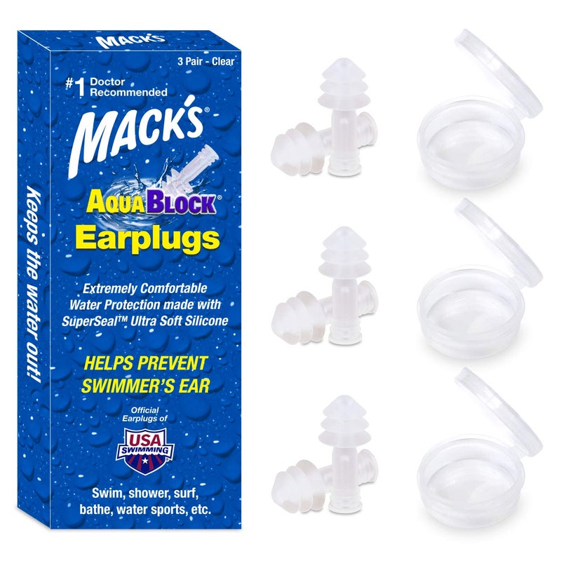 Mack's AquaBlock Swimming Earplugs, 3 Pair - Comfortable, Waterproof, Reusable Silicone Ear Plugs for Swimming, Snorkeling, Showering, Surfing and Bathing (Clear) - Image 1