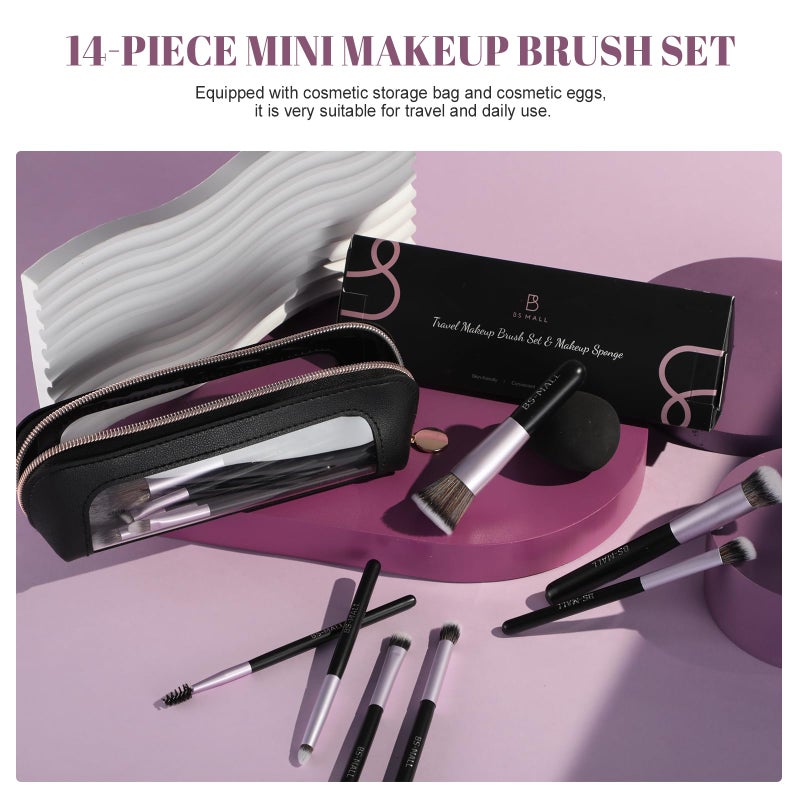 BS Mall BS-MALL 14 Pcs Makeup Brushes Set with 1 Pcs Makeup Sponge â€“ Essential Foundation Powder Concealers, Eye Shadows, Blush Makeup Brushes with Travel Makeup Case (Purple) - Image 3