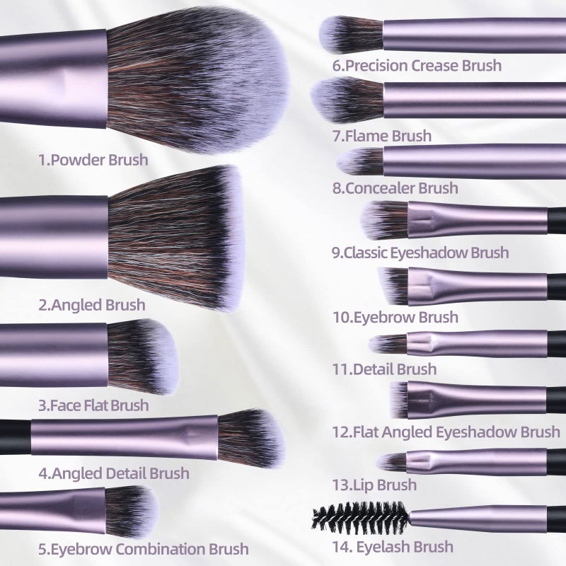 BS Mall BS-MALL 14 Pcs Makeup Brushes Set with 1 Pcs Makeup Sponge â€“ Essential Foundation Powder Concealers, Eye Shadows, Blush Makeup Brushes with Travel Makeup Case (Purple) - Image 2