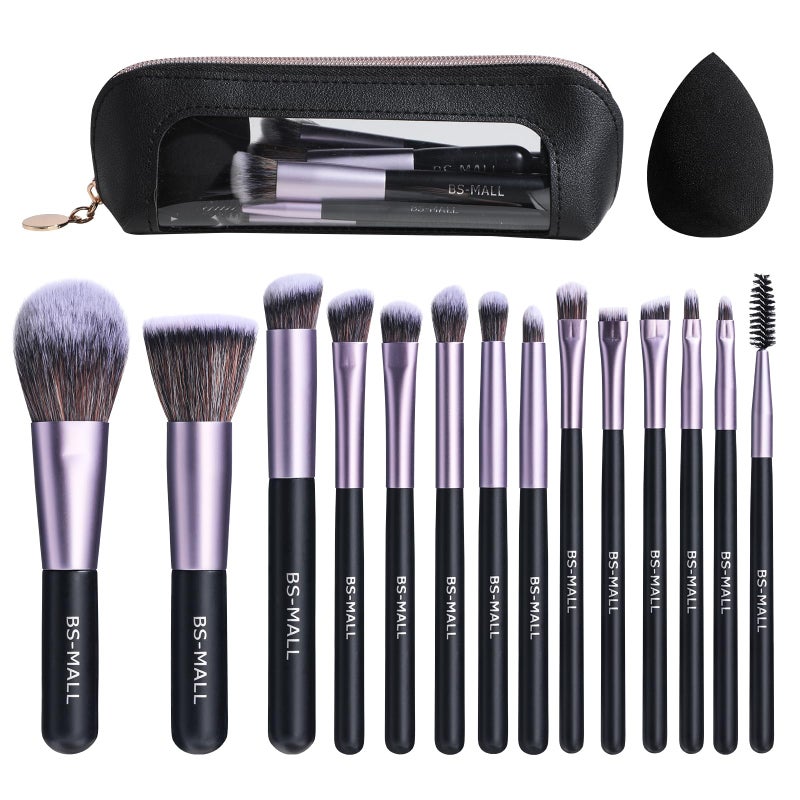 BS Mall BS-MALL 14 Pcs Makeup Brushes Set with 1 Pcs Makeup Sponge â€“ Essential Foundation Powder Concealers, Eye Shadows, Blush Makeup Brushes with Travel Makeup Case (Purple) - Image 1